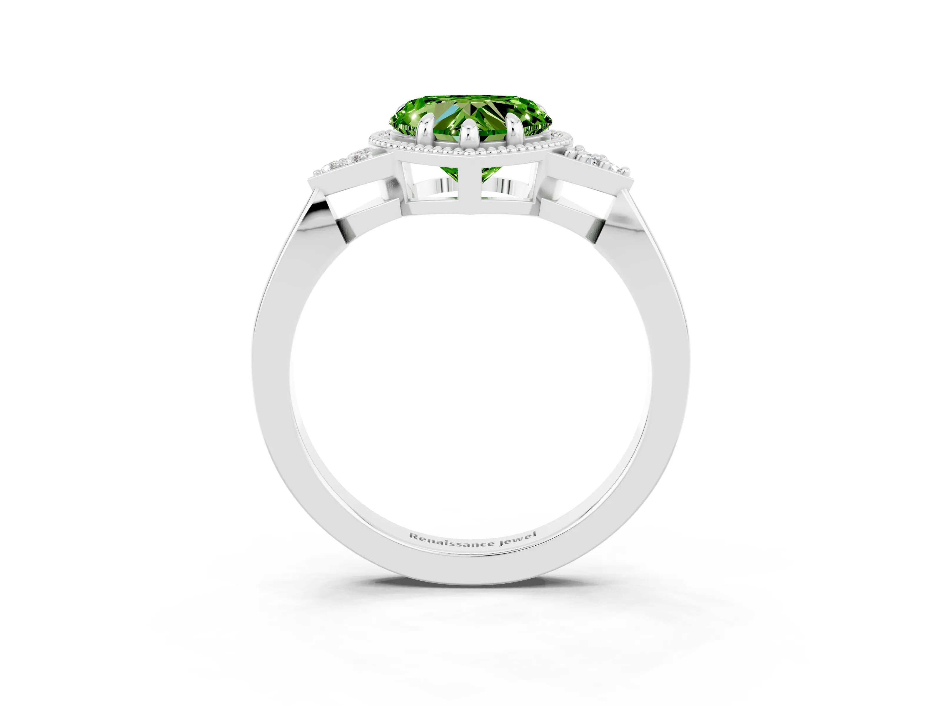 White gold Heart Cut Peridot Halo Ring with Tapered Band and Four-Prong Setting_3
