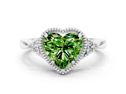 White gold Heart Cut Peridot Halo Ring with Tapered Band and Four-Prong Setting