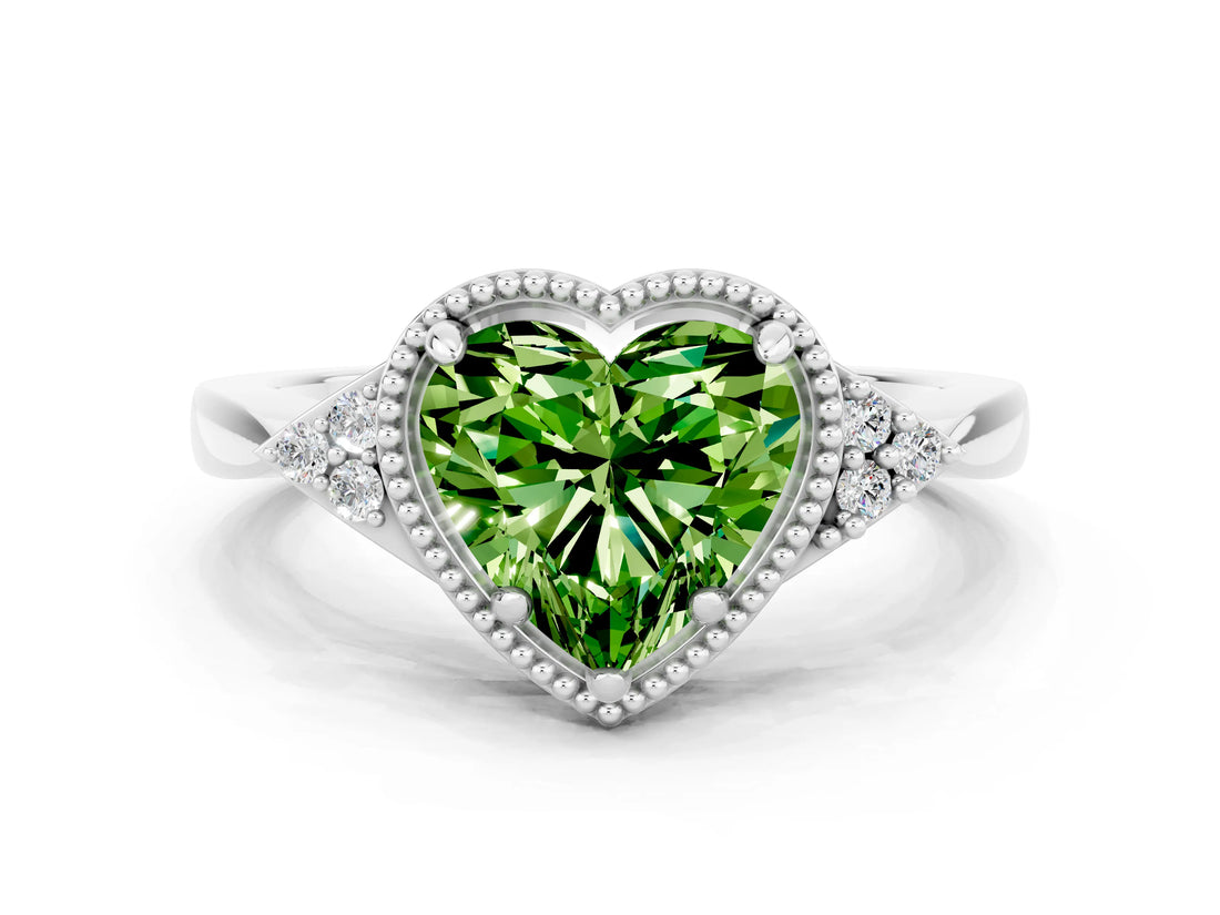 White gold Heart Cut Peridot Halo Ring with Tapered Band and Four-Prong Setting