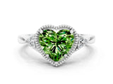 White gold Heart Cut Peridot Halo Ring with Tapered Band and Four-Prong Setting