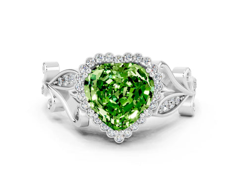White gold Heart Cut Peridot Halo Ring with Vintage Split Shank and Four-Prong Setting_24