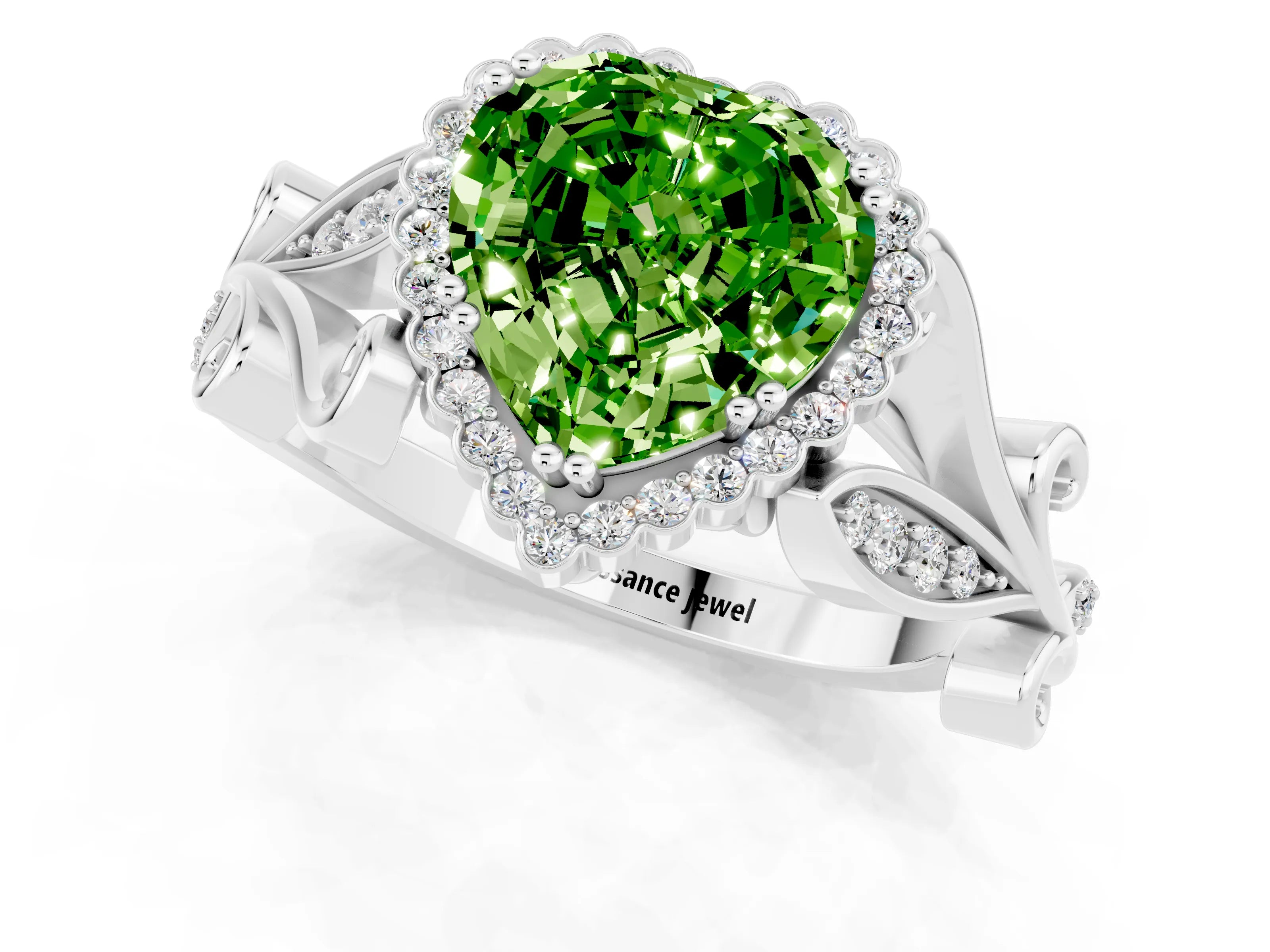 White gold Heart Cut Peridot Halo Ring with Vintage Split Shank and Four-Prong Setting_25