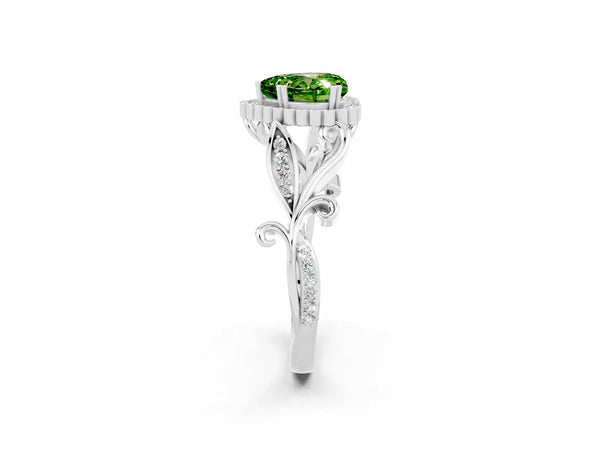 Platinum Heart Cut Peridot Halo Ring with Vintage Split Shank and Four-Prong Setting
