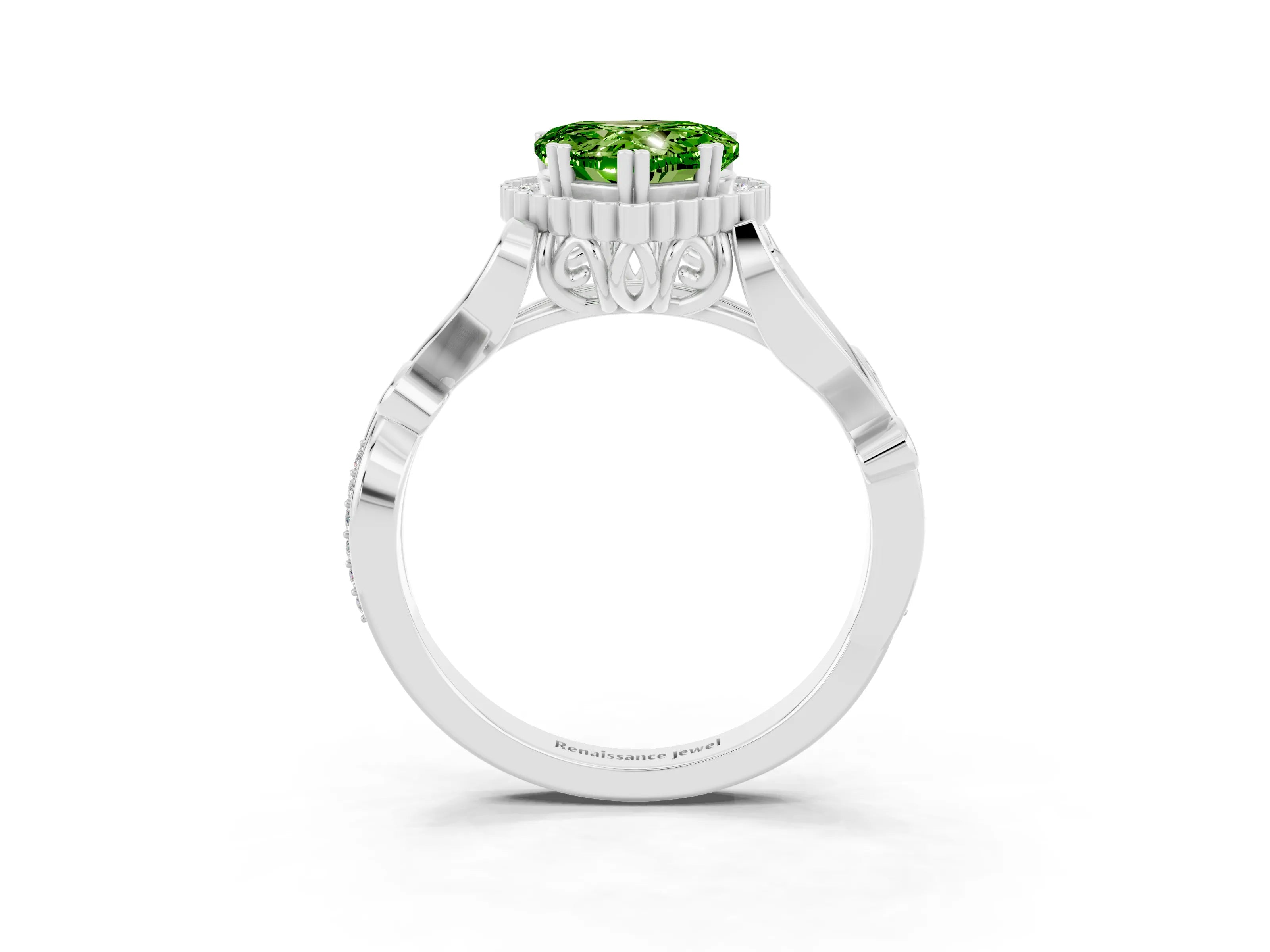 White gold Heart Cut Peridot Halo Ring with Vintage Split Shank and Four-Prong Setting_27