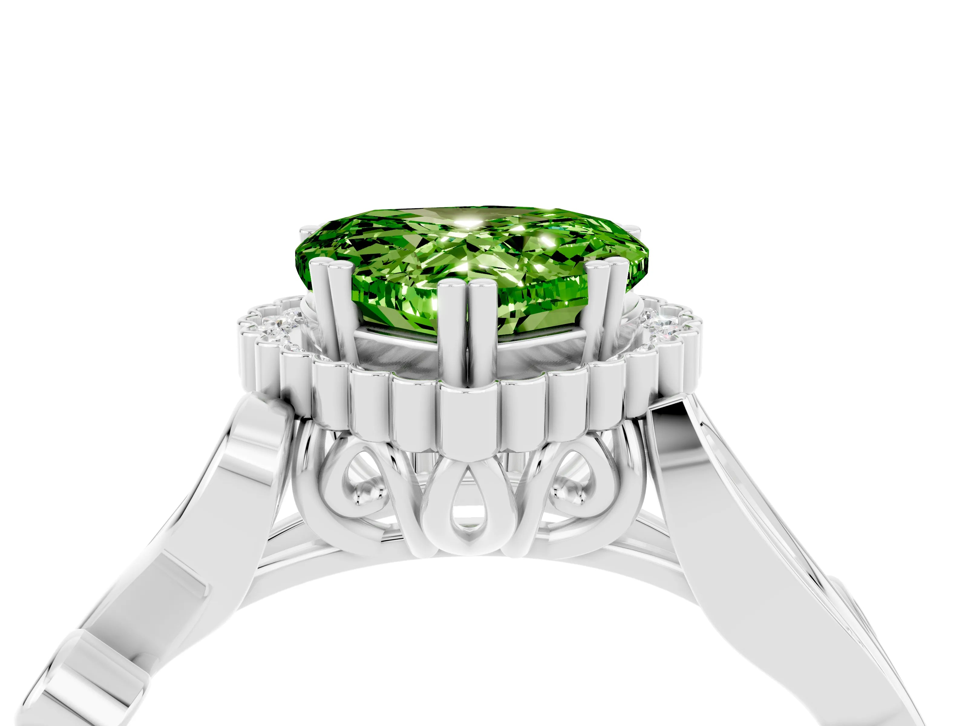 White gold Heart Cut Peridot Halo Ring with Vintage Split Shank and Four-Prong Setting_28