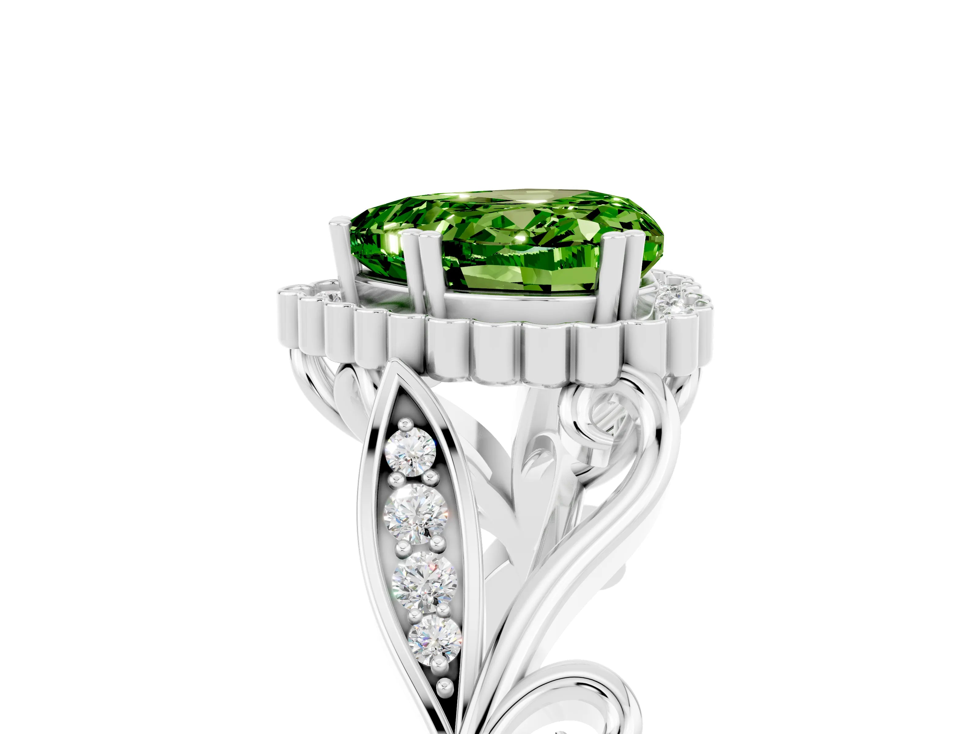 White gold Heart Cut Peridot Halo Ring with Vintage Split Shank and Four-Prong Setting_29