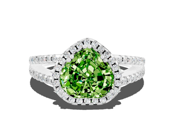 White gold Heart Cut Peridot Halo Split Shank Engagement Ring