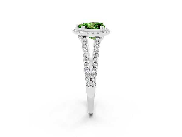 Silver Heart Cut Peridot Halo Split Shank Engagement Ring