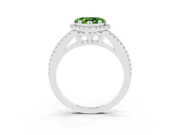 Silver Heart Cut Peridot Halo Split Shank Engagement Ring