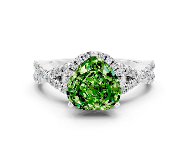 White gold Heart Cut Peridot  Halo Twist Band Solitaire Prong Setting Ring