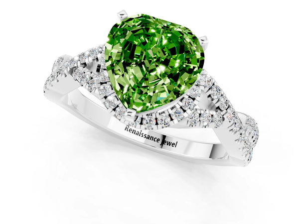White gold Heart Cut Peridot  Halo Twist Band Solitaire Prong Setting Ring