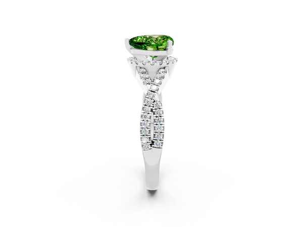 White gold Heart Cut Peridot  Halo Twist Band Solitaire Prong Setting Ring