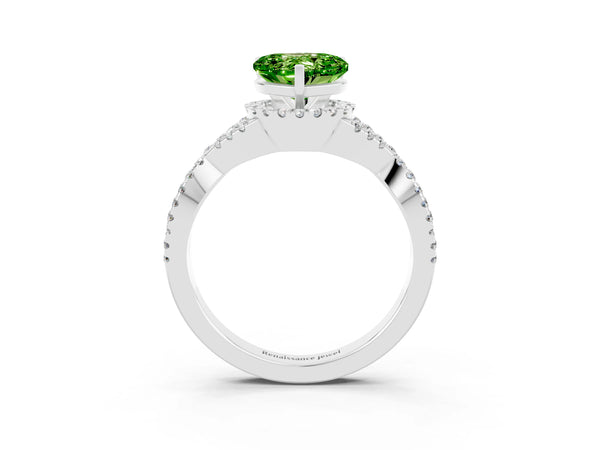 White gold Heart Cut Peridot  Halo Twist Band Solitaire Prong Setting Ring