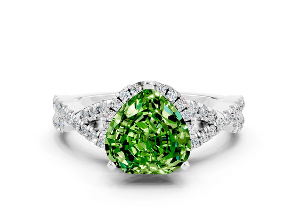 White gold Heart Cut Peridot  Halo Twist Band Solitaire Prong Setting Ring