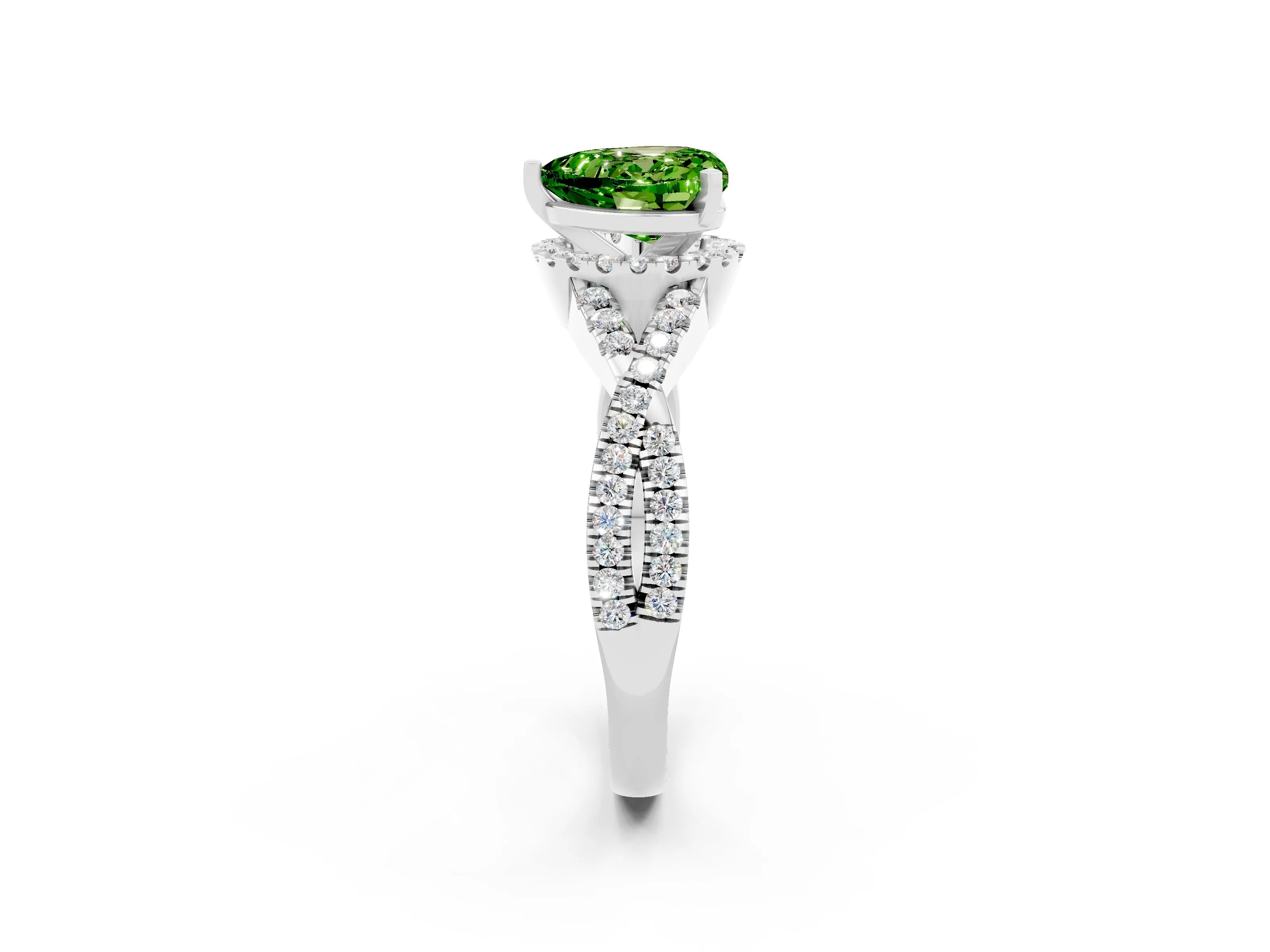 White gold Heart Cut Peridot Halo Twist Band Solitaire Prong Setting Ring_2
