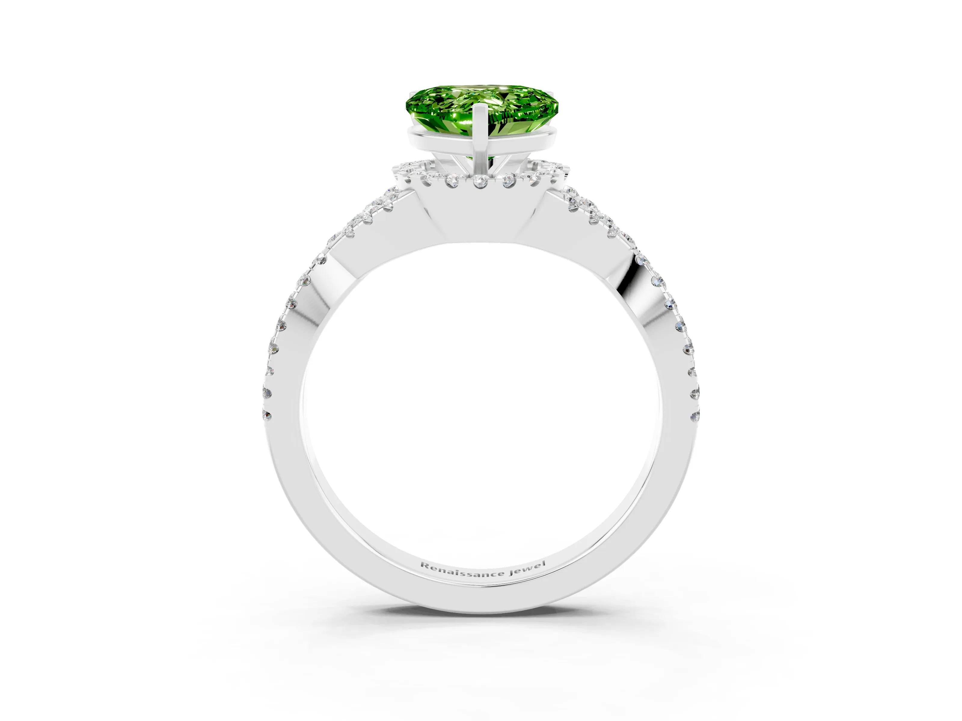 White gold Heart Cut Peridot Halo Twist Band Solitaire Prong Setting Ring_3