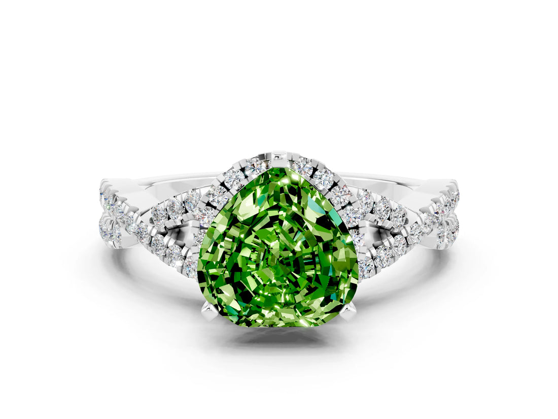 White gold Heart Cut Peridot Halo Twist Band Solitaire Prong Setting Ring