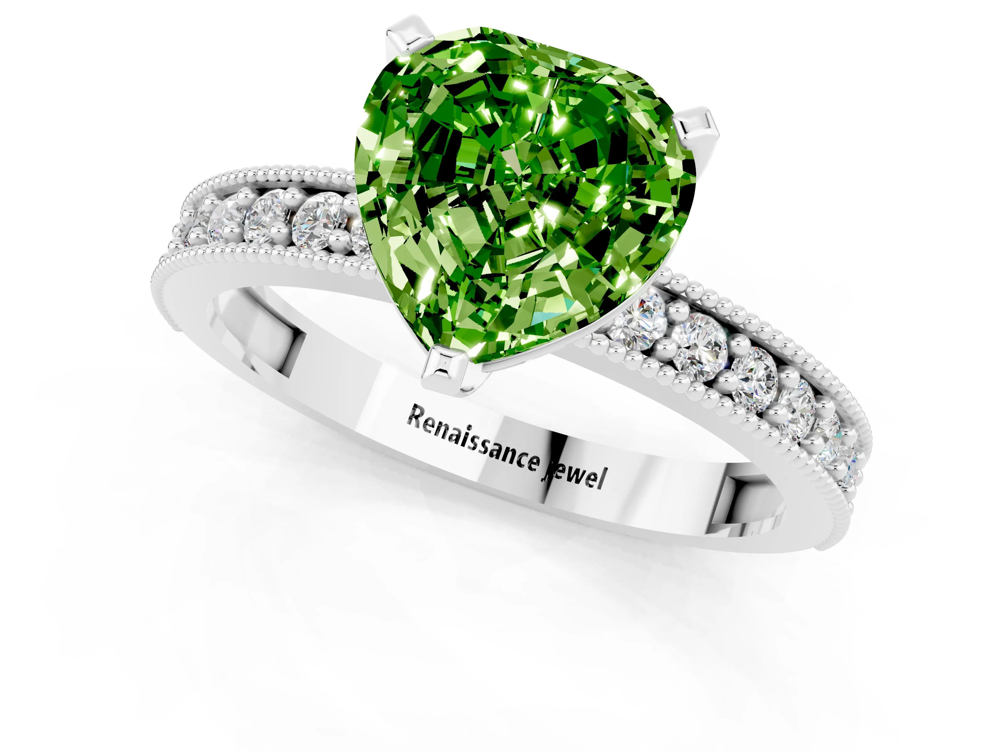 White gold Heart Cut Peridot Milgrain Pavé Engagement Ring with Four-Prong Setting_13