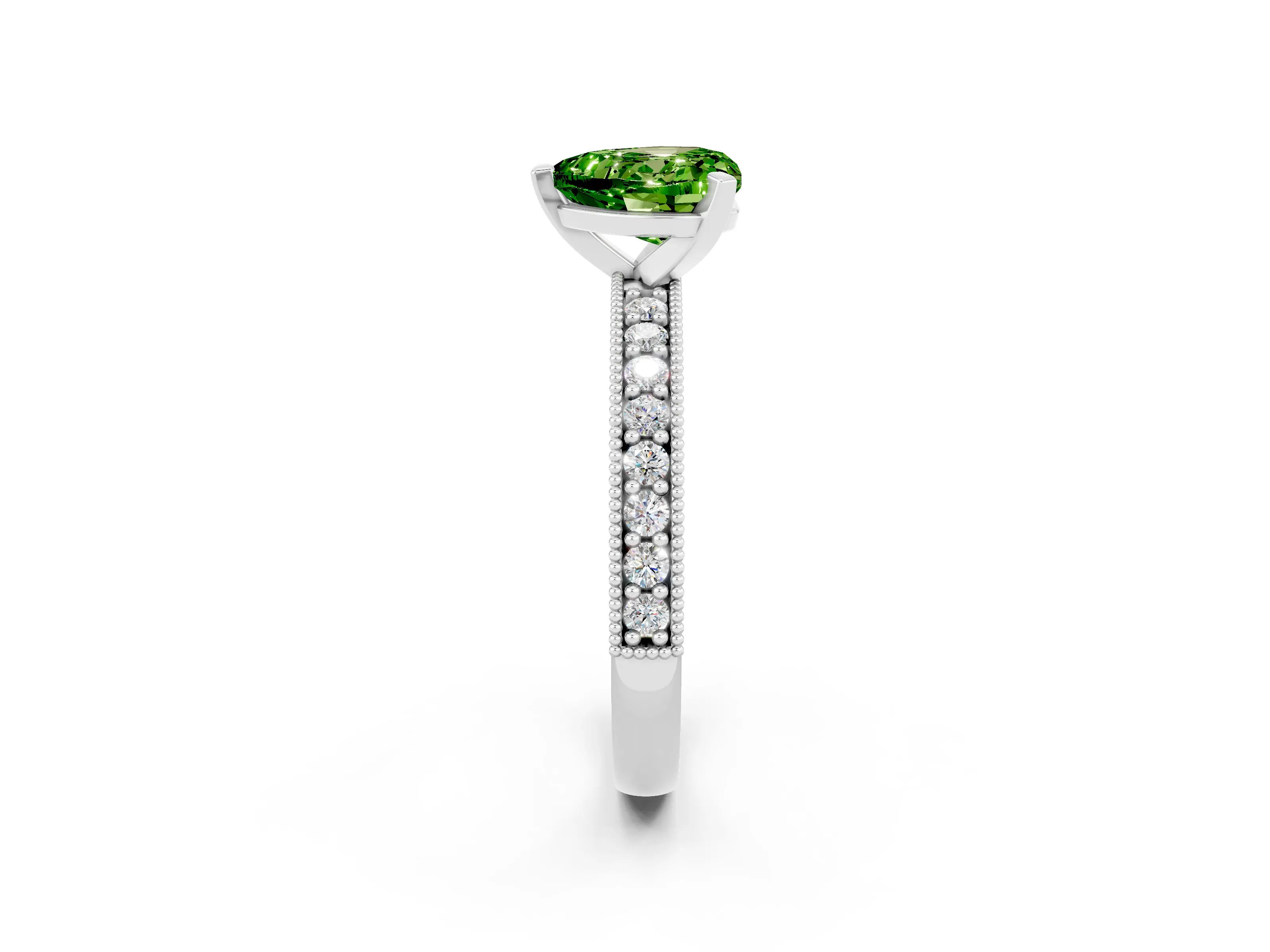 White gold Heart Cut Peridot Milgrain Pavé Engagement Ring with Four-Prong Setting_14
