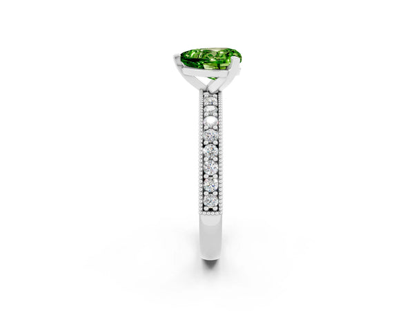 White gold Heart Cut Peridot Milgrain Pavé Engagement Ring with Four-Prong Setting
