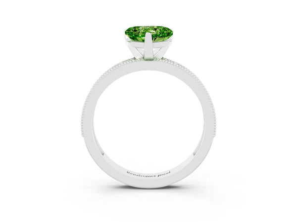 Platinum Heart Cut Peridot Milgrain Pavé Engagement Ring with Four-Prong Setting
