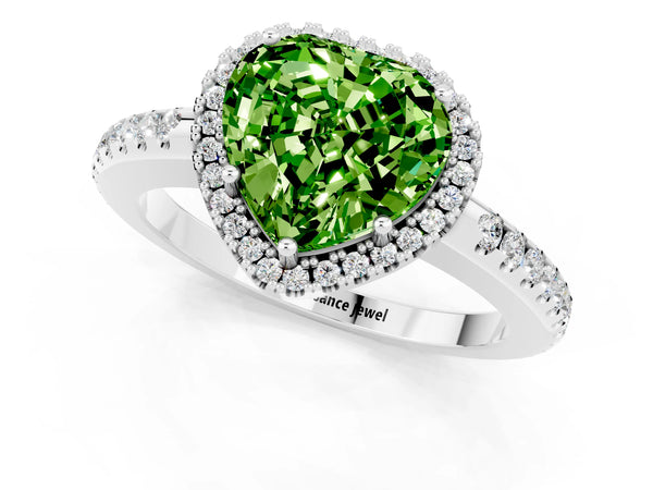 Platinum Heart Cut Peridot Pavé Halo Ring with Four-Prong Setting