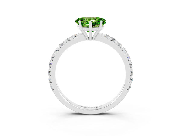 Silver Heart Cut Peridot Pavé Solitaire Engagement Ring with Four-Prong Setting