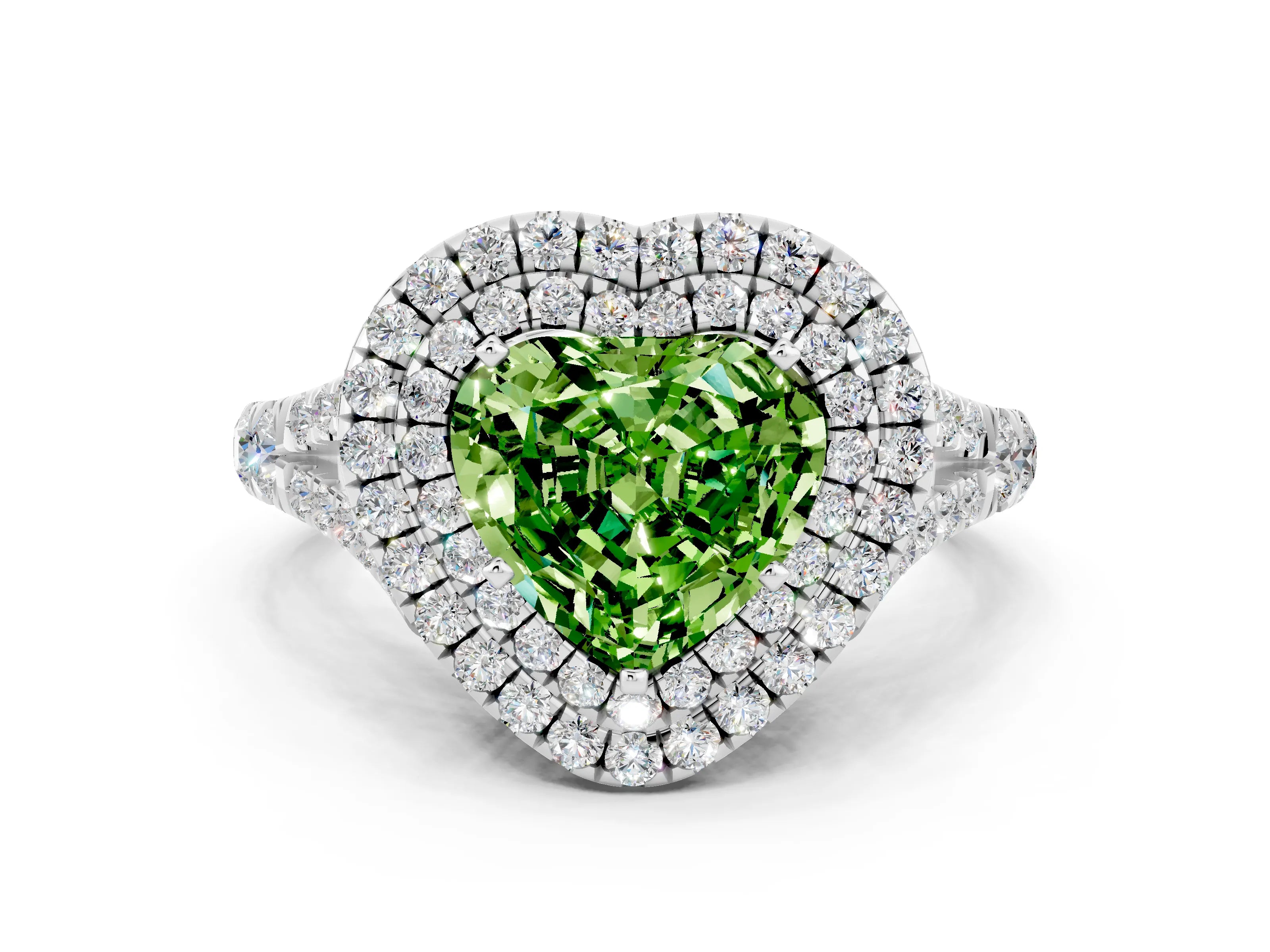 White gold Heart Cut Peridot Pavé Split Shank Double Halo Engagement Ring