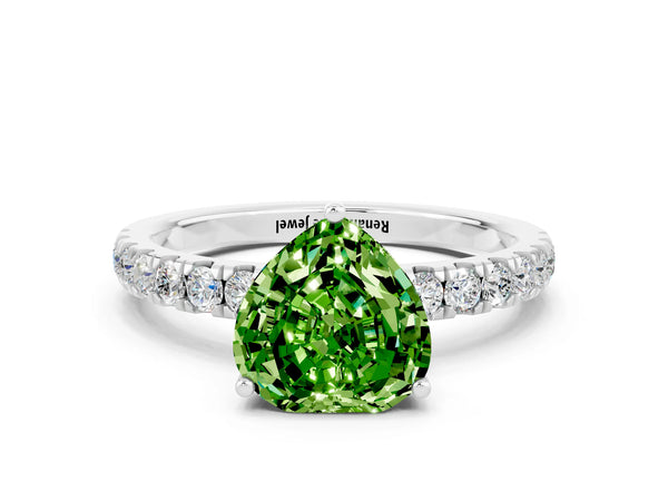 Silver Heart Cut Peridot Pave Band Solitaire Ring with Round  and Prong Setting