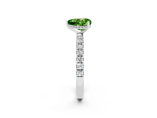 Platinum Heart Cut Peridot Pave Band Solitaire Ring with Round  and Prong Setting