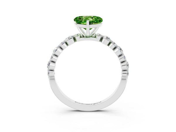 White gold Heart Cut Peridot Prong Set Engagement Ring with Pavé Band