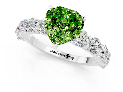 White gold Heart Cut Peridot Prong Setting with Side Stones on a Pave Band_1