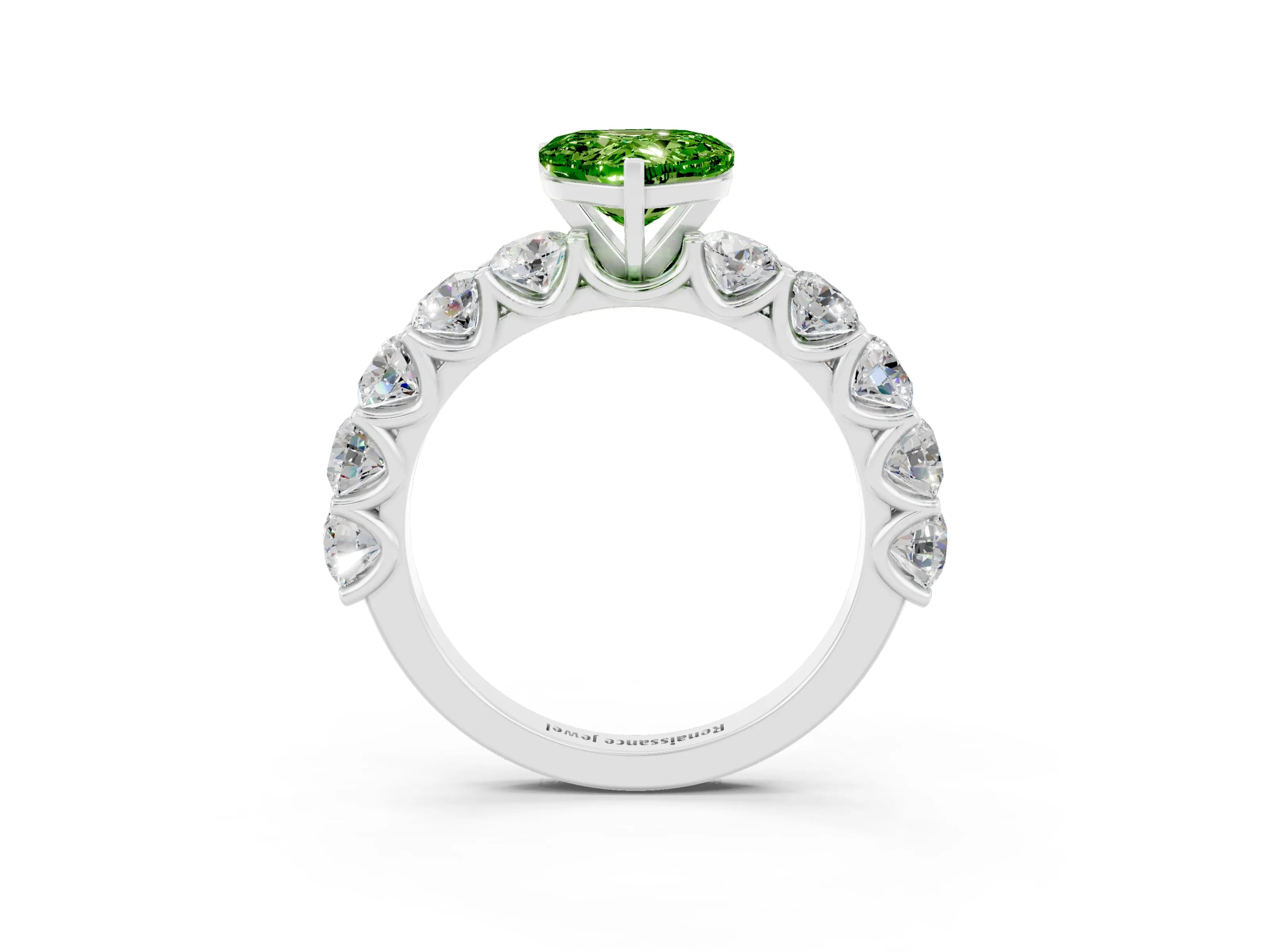 White gold Heart Cut Peridot Prong Setting with Side Stones on a Pave Band_3