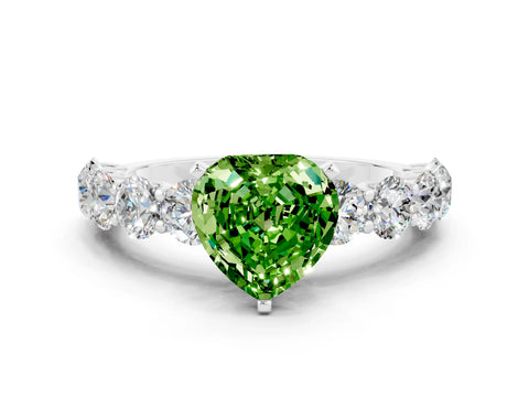 White gold Heart Cut Peridot Prong Setting with Side Stones on a Pave Band