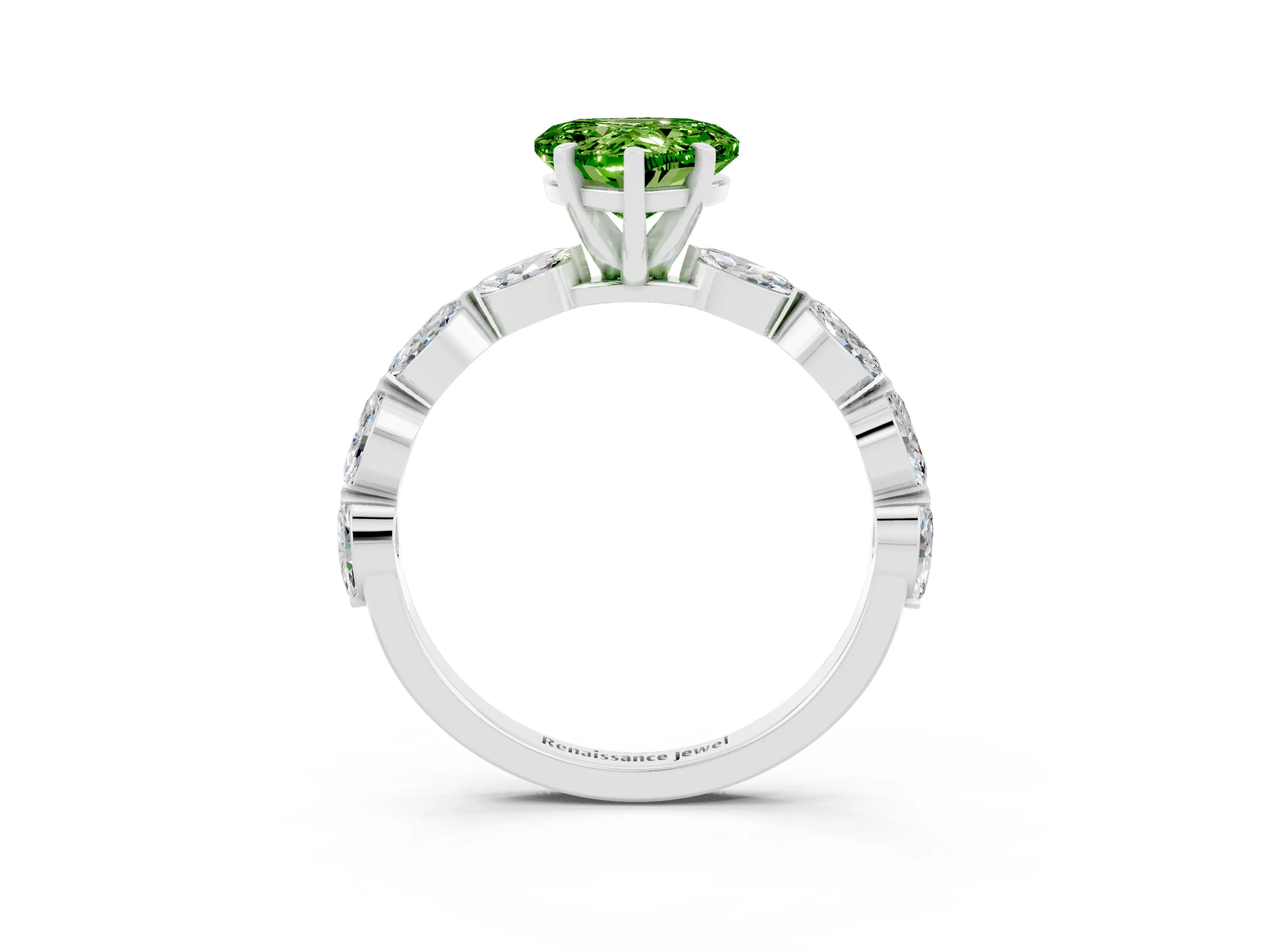 White gold Heart Cut Peridot Ring with Marquise Side Stones and Prong Setting_3