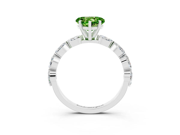 Silver Heart Cut Peridot Ring with Marquise Side Stones and Prong Setting