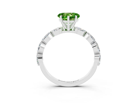 White gold Heart Cut Peridot Ring with Marquise Side Stones and Prong Setting_3