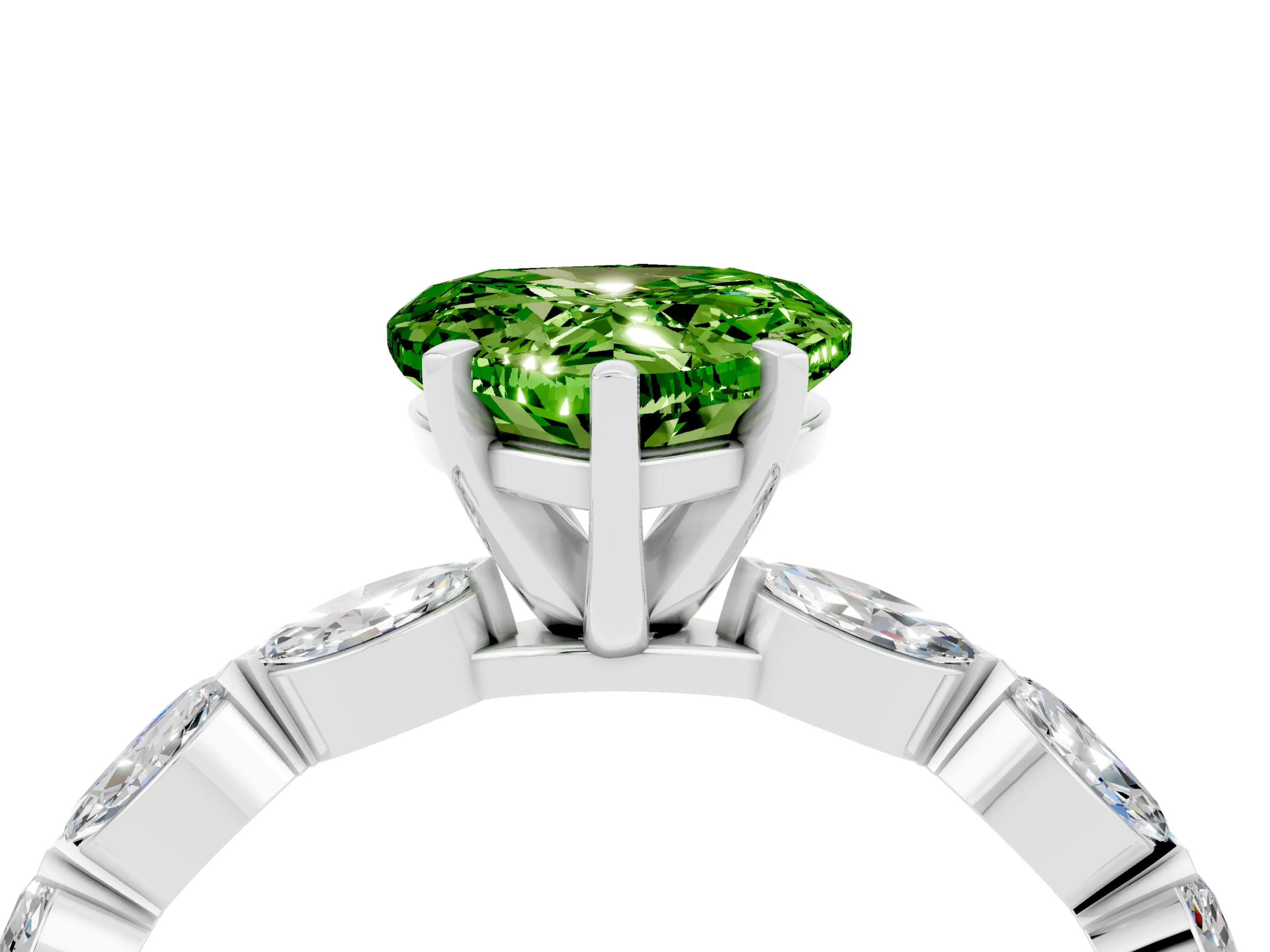 White gold Heart Cut Peridot Ring with Marquise Side Stones and Prong Setting_4