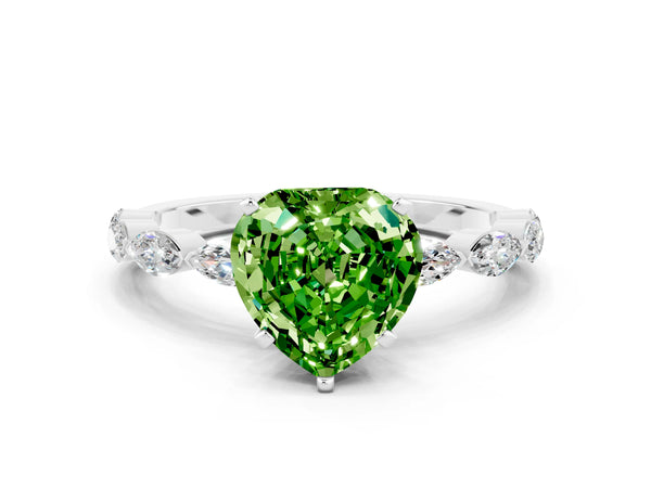 White gold Heart Cut Peridot Ring with Marquise Side Stones and Prong Setting