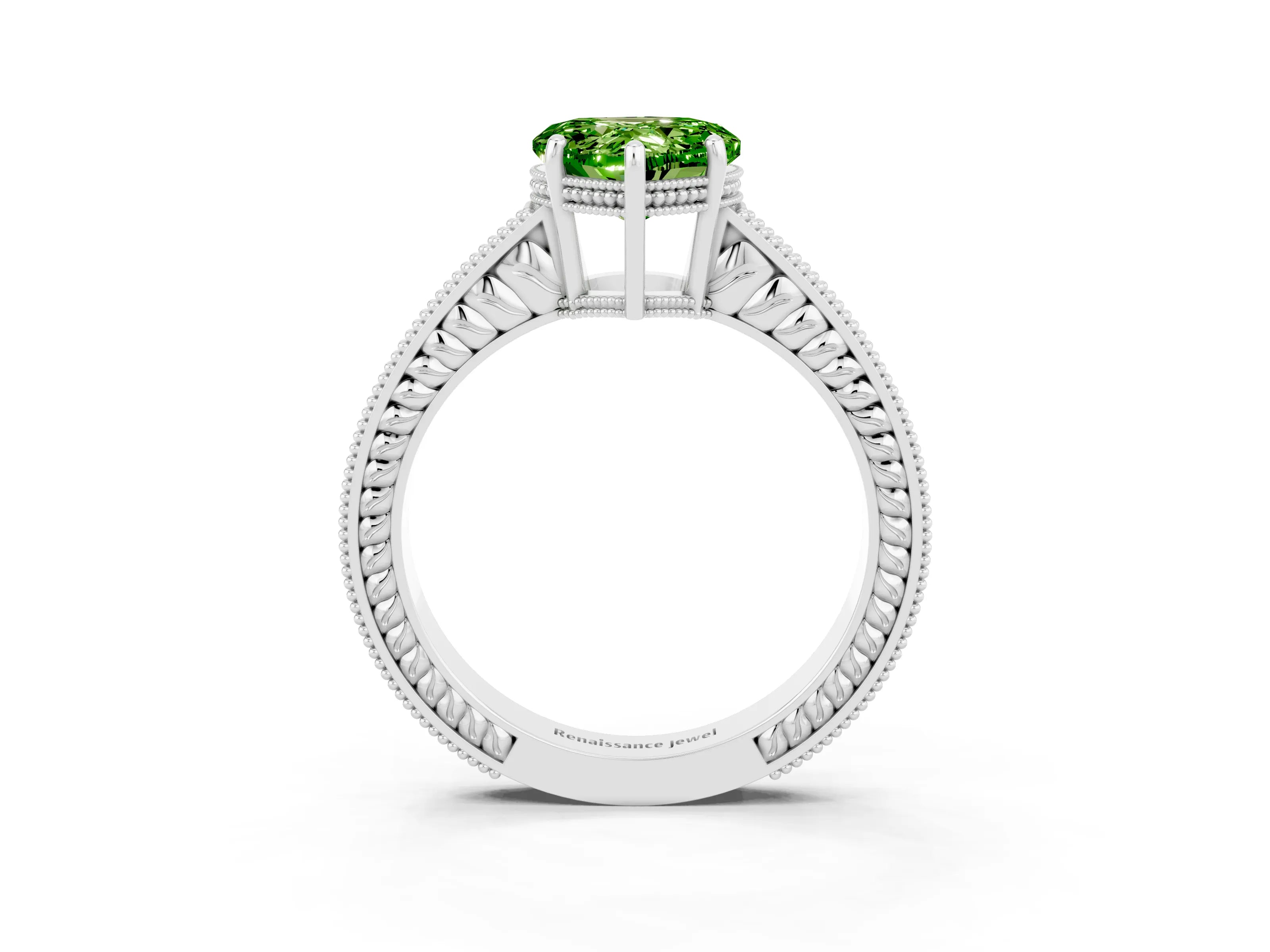 White gold Heart Cut Peridot Ring with Milgrain Pavé Band and Four-Prong Setting_15