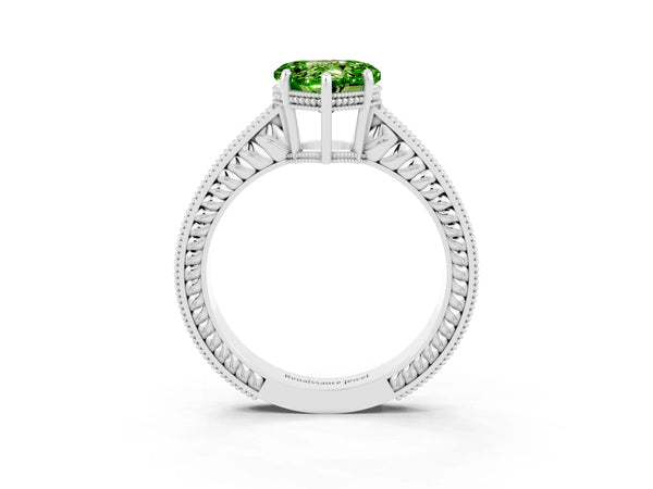 White gold Heart Cut Peridot Ring with Milgrain Pavé Band and Four-Prong Setting