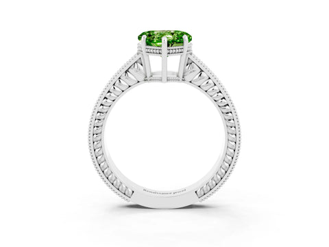 White gold Heart Cut Peridot Ring with Milgrain Pavé Band and Four-Prong Setting_15