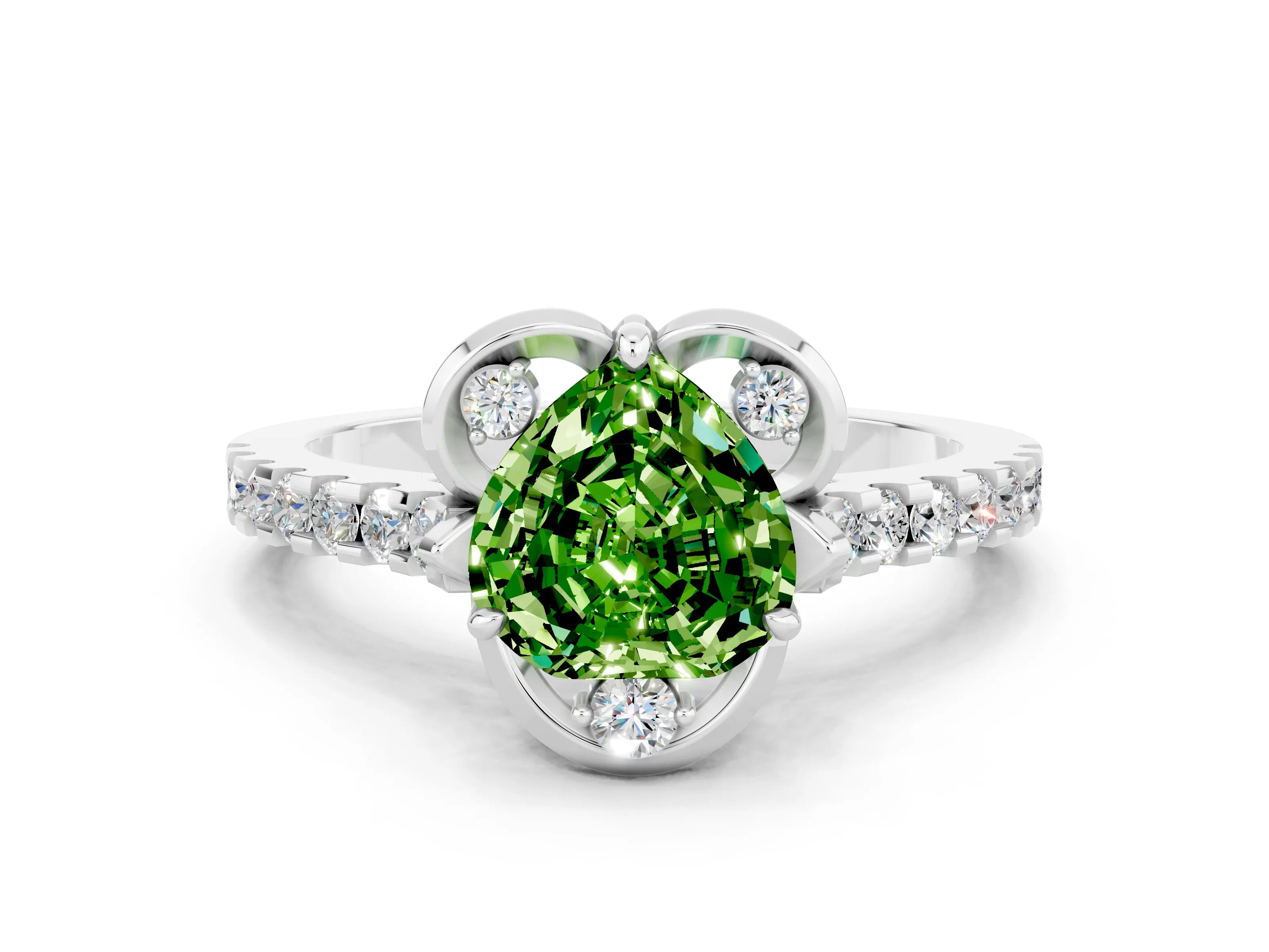 White gold Heart Cut Peridot Ring with Pavé Band and Floral Prong Setting