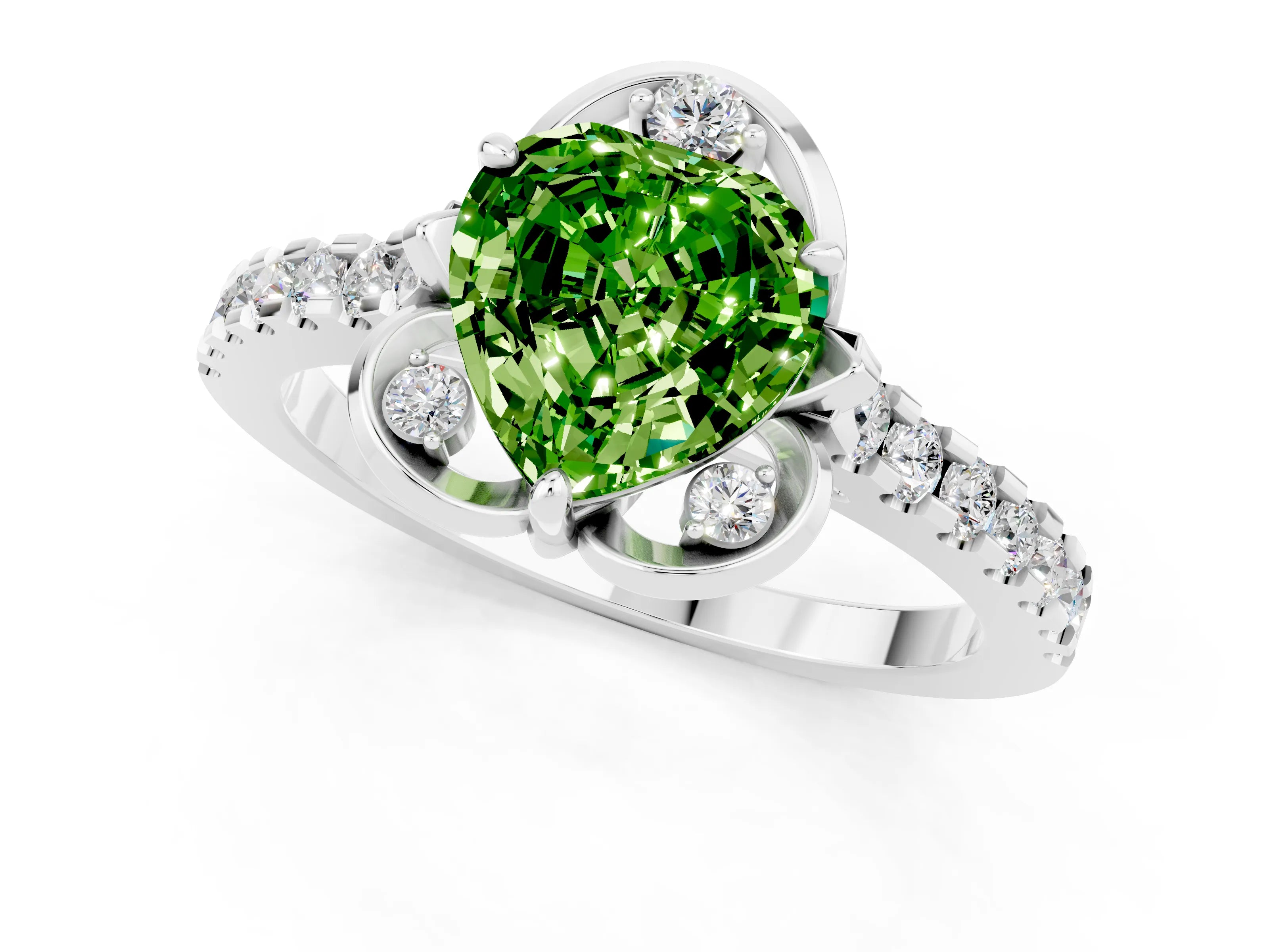 White gold Heart Cut Peridot Ring with Pavé Band and Floral Prong Setting_1