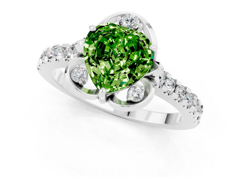 White gold Heart Cut Peridot Ring with Pavé Band and Floral Prong Setting_1