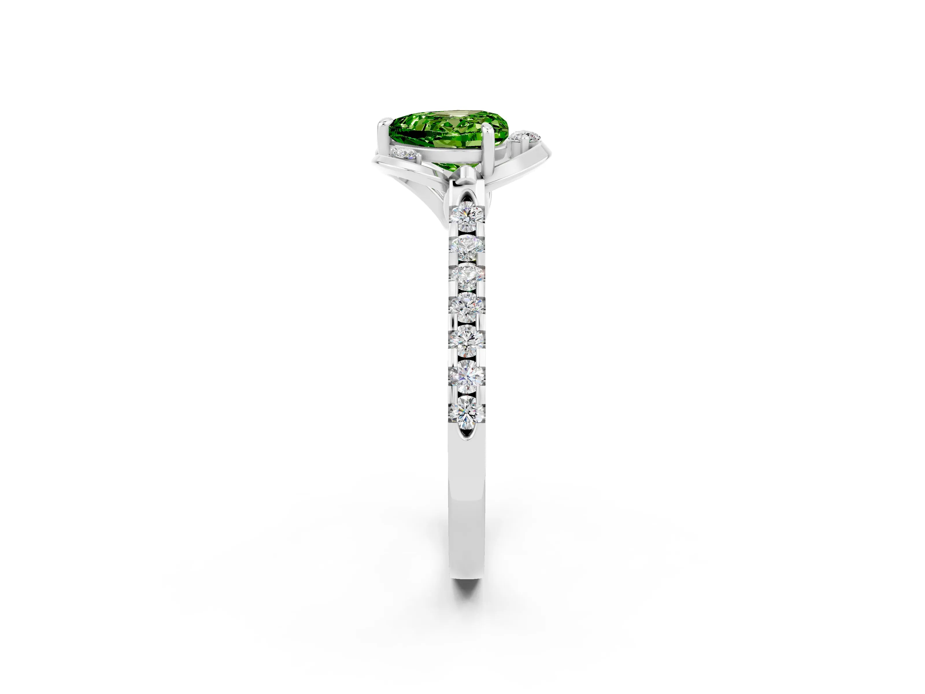 White gold Heart Cut Peridot Ring with Pavé Band and Floral Prong Setting_2