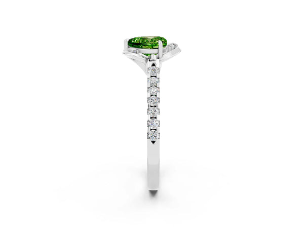 Silver Heart Cut Peridot Ring with Pavé Band and Floral Prong Setting