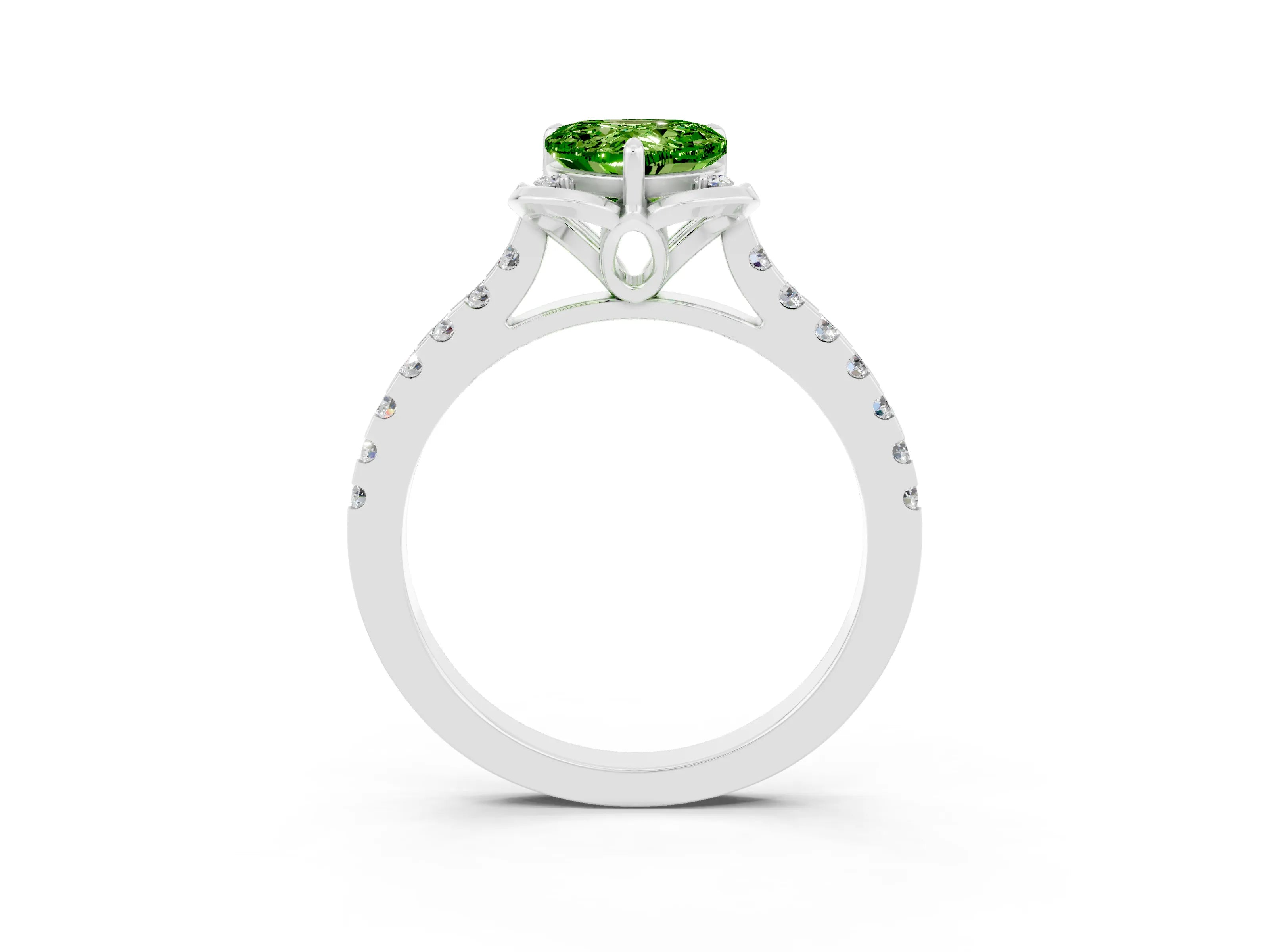 White gold Heart Cut Peridot Ring with Pavé Band and Floral Prong Setting_3