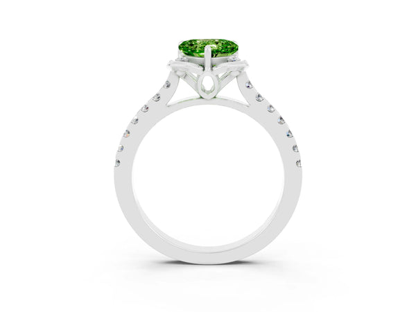 White gold Heart Cut Peridot Ring with Pavé Band and Floral Prong Setting