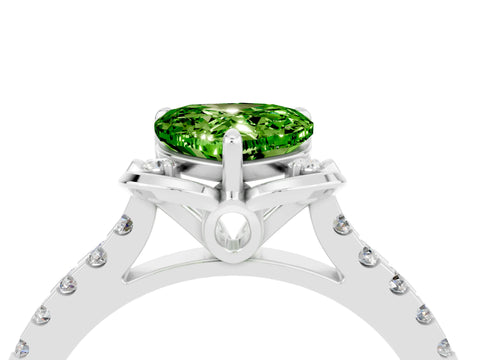White gold Heart Cut Peridot Ring with Pavé Band and Floral Prong Setting_4